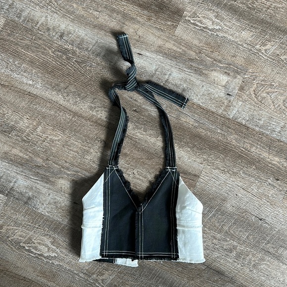 Dolls Kill Black & White Denim Halter Crop - Picture 1 of 3